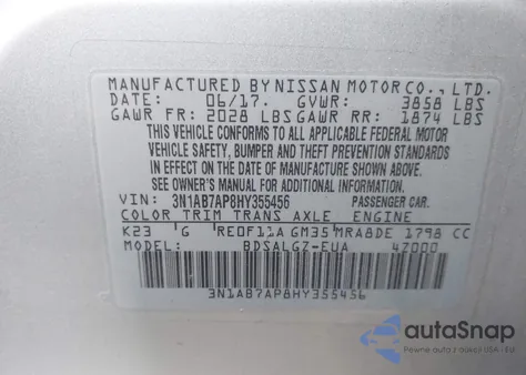 2017 Nissan Sentra Sl z USA, uszkodzony, nr VIN 3N1AB7AP8HY355456